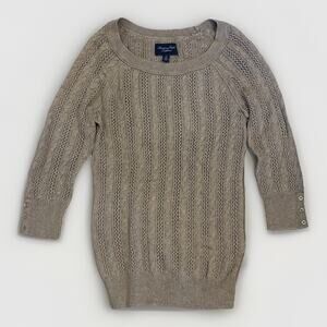American Eagle Outfitters S Tan Sweater Cable Knit Scoop Neck 3/4 Sleeve 2000s